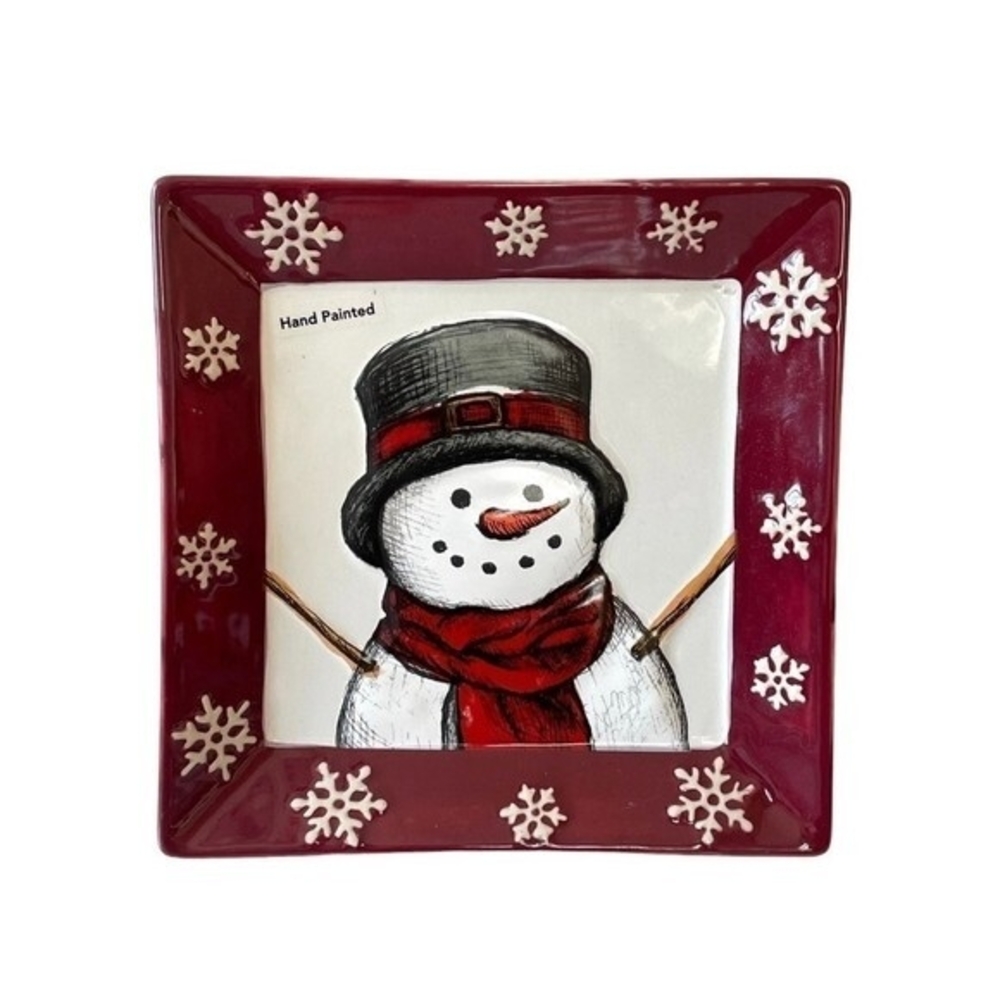 St. Nicholas Square Yuletide Snowman Salad Plate 8" Hand-Painted Stoneware EXC